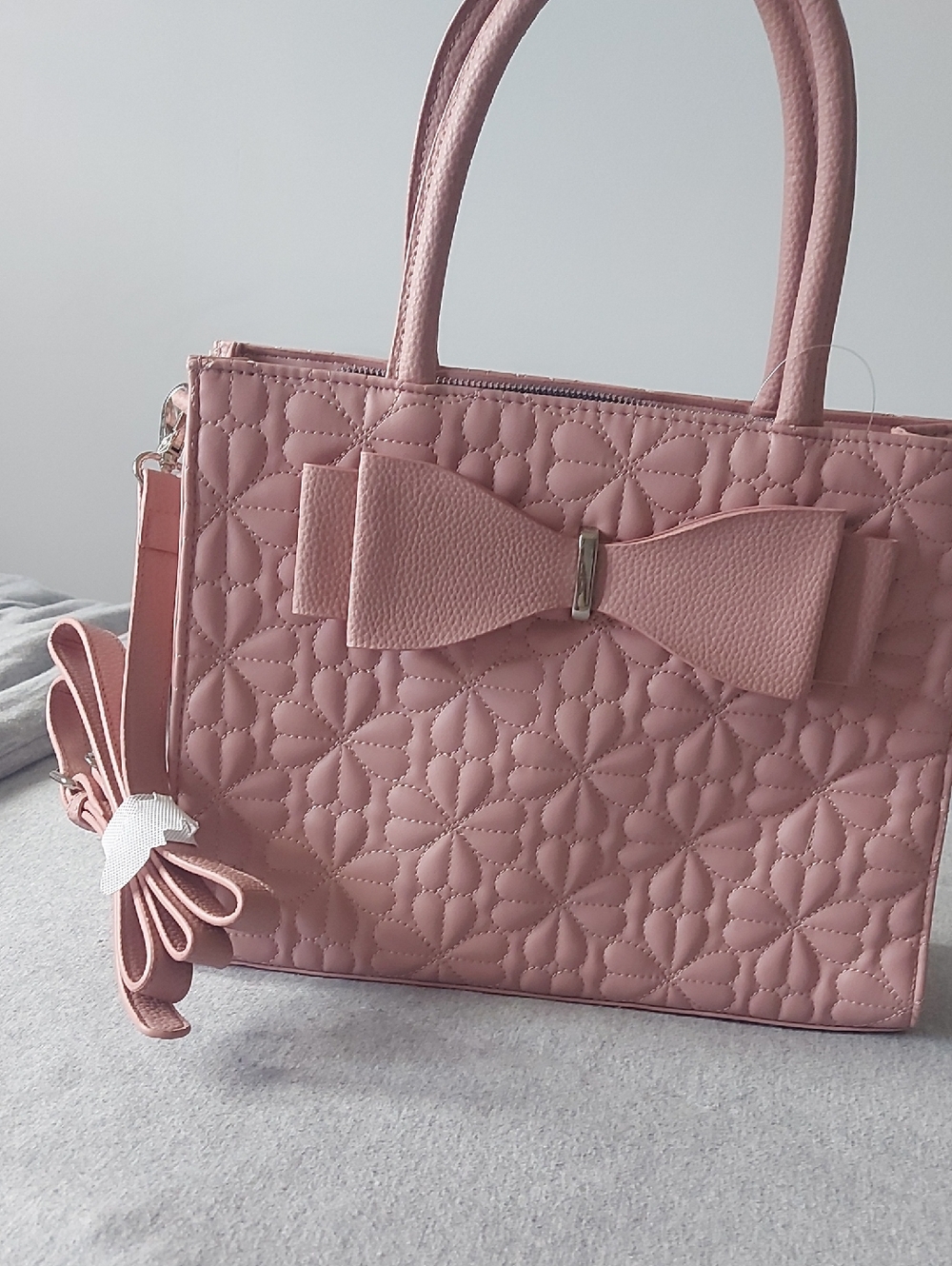 Pink Quilted Bow Accent Tote Handbag